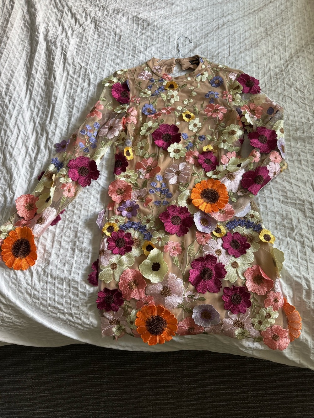Floral Appliqué Sheer Midi Dress - Nude with Multicolor Flowers